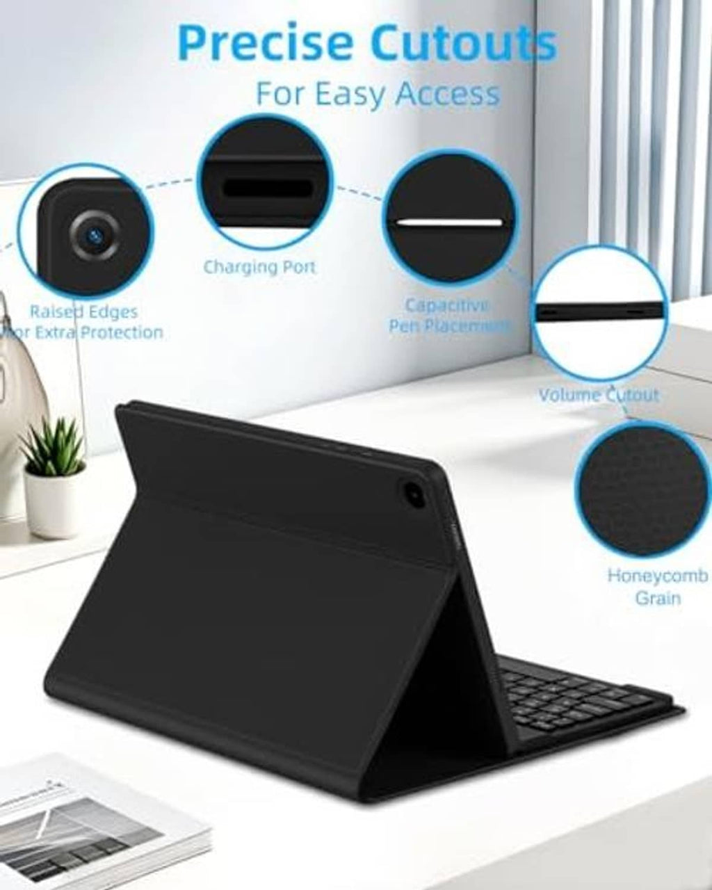 Black tablet case with camera, charging, volume cutouts and honeycomb grip