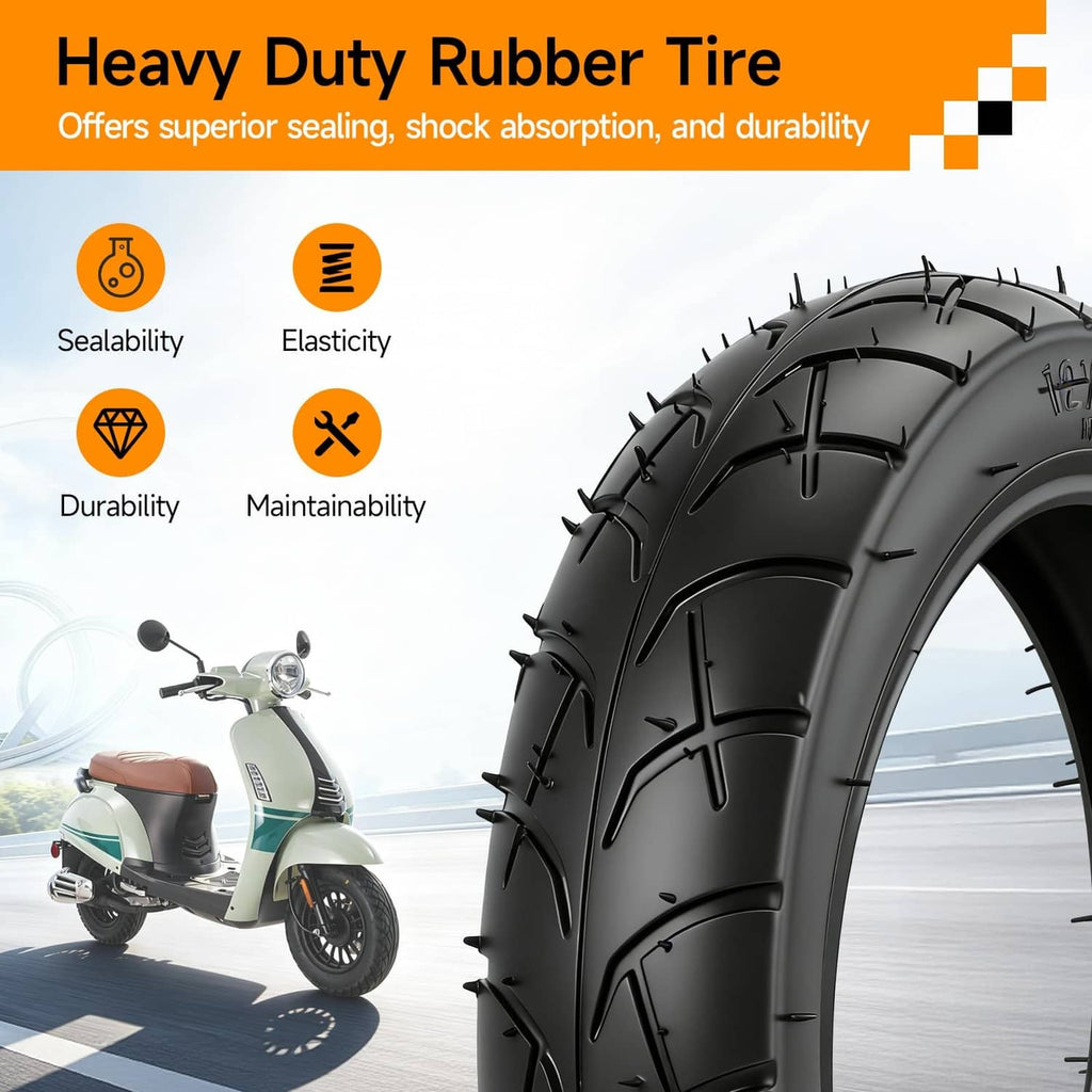 Heavy-duty black rubber scooter tire with traction tread for durability