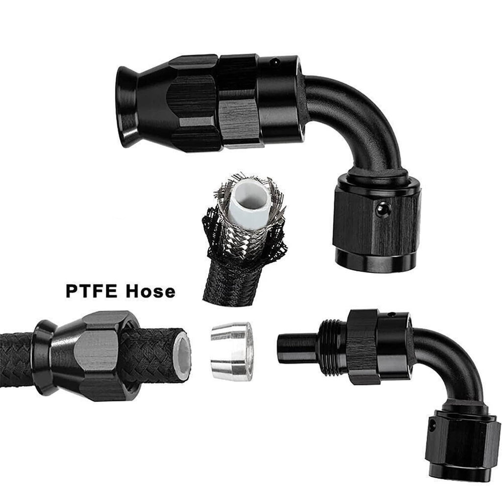 Black PTFE hose kit with multiple connectors and braided hose sleeves, parts on white