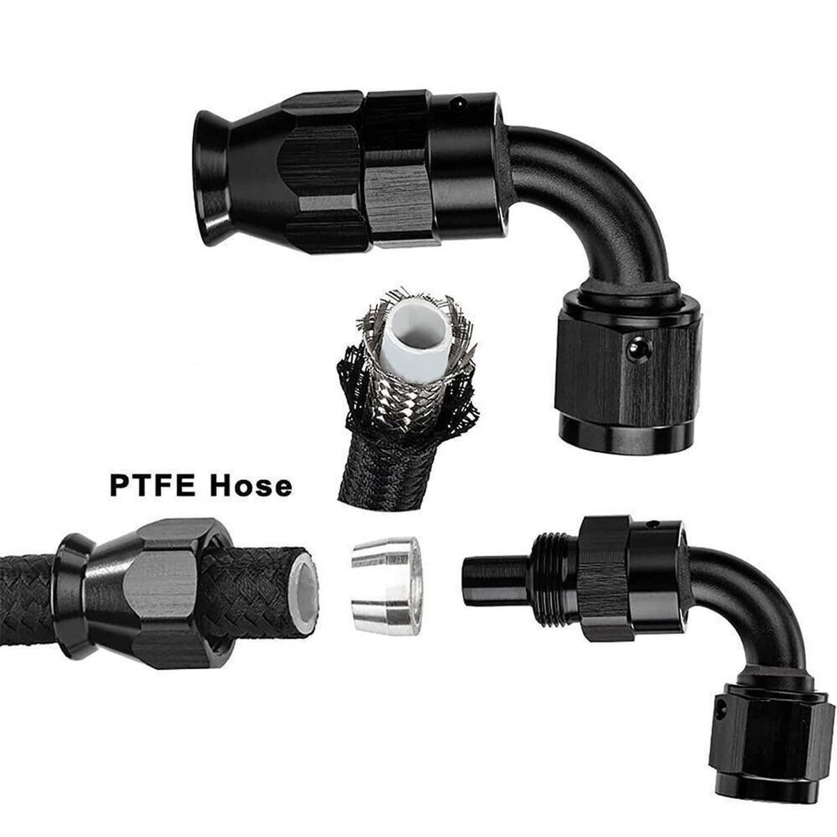 Black PTFE hose kit with multiple connectors and braided hose sleeves, parts on white