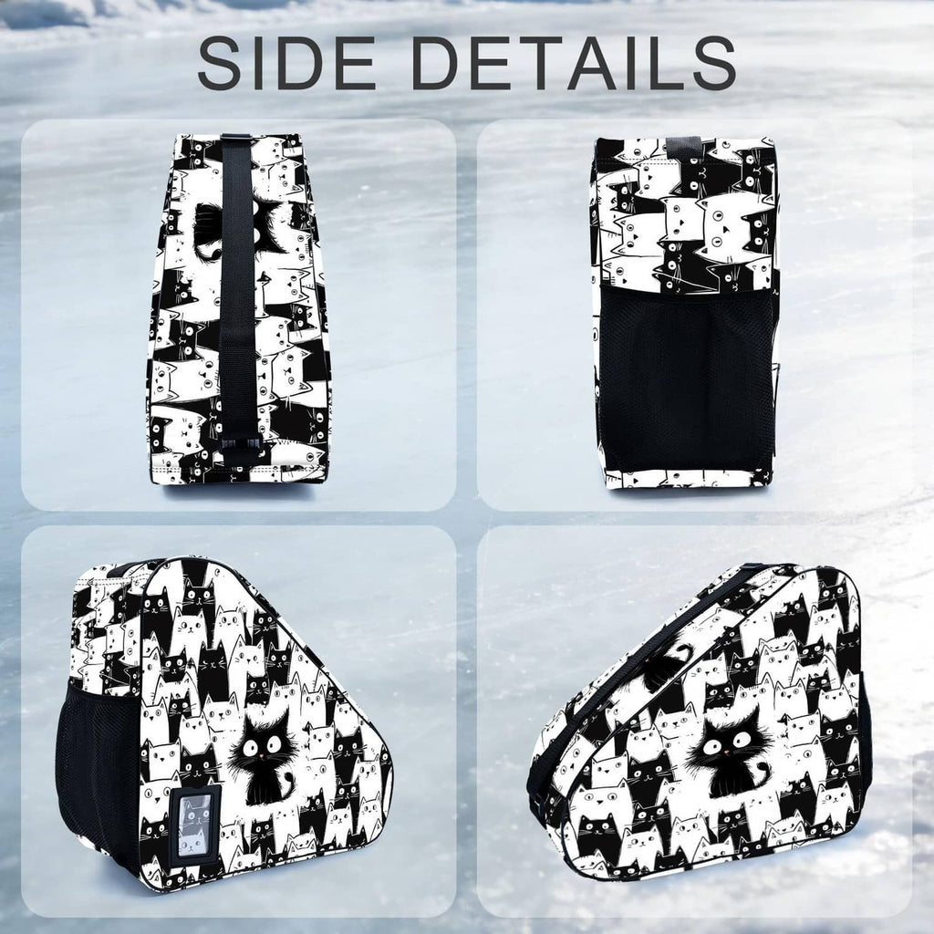 Cat-pattern skate bag with side pocket panels and adjustable webbing strap