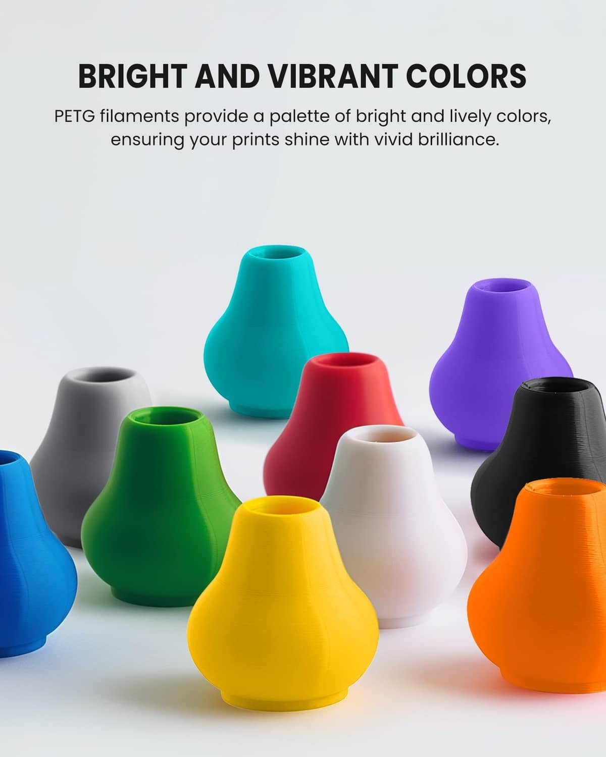 Colorful PETG printed vases in blue, teal, purple, green, orange, red, and yellow