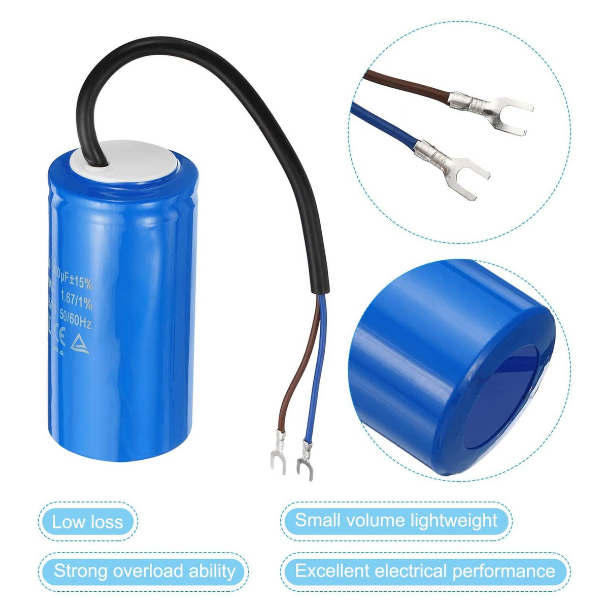 Blue cylindrical run capacitor with black cable and fork terminals on wire ends