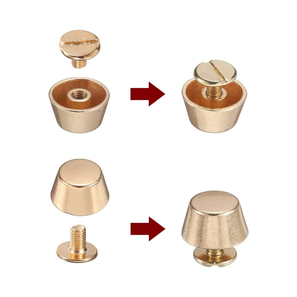 Gold-toned rivet stud caps and bases with threaded posts, shown installed