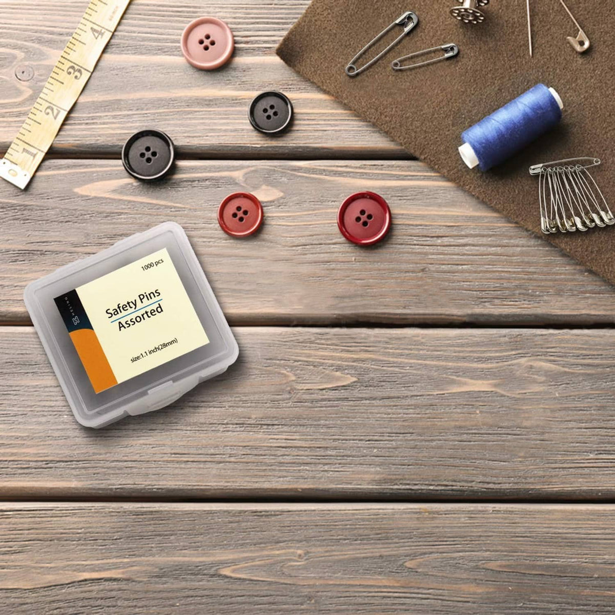 Assorted safety pins with plastic storage case and mixed pin styles