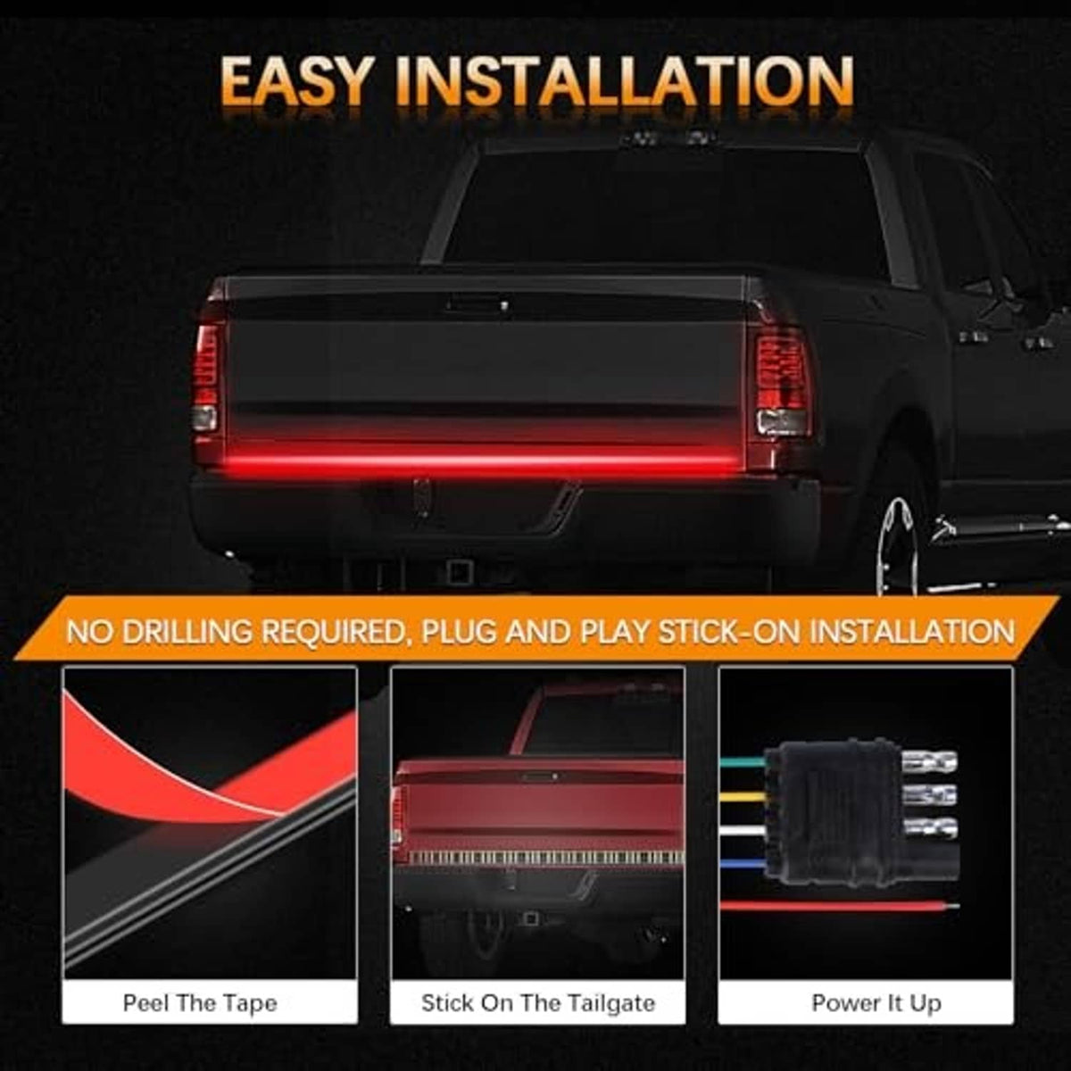Quad-row LED tailgate light bar with stick-on installation and plug-in connector module