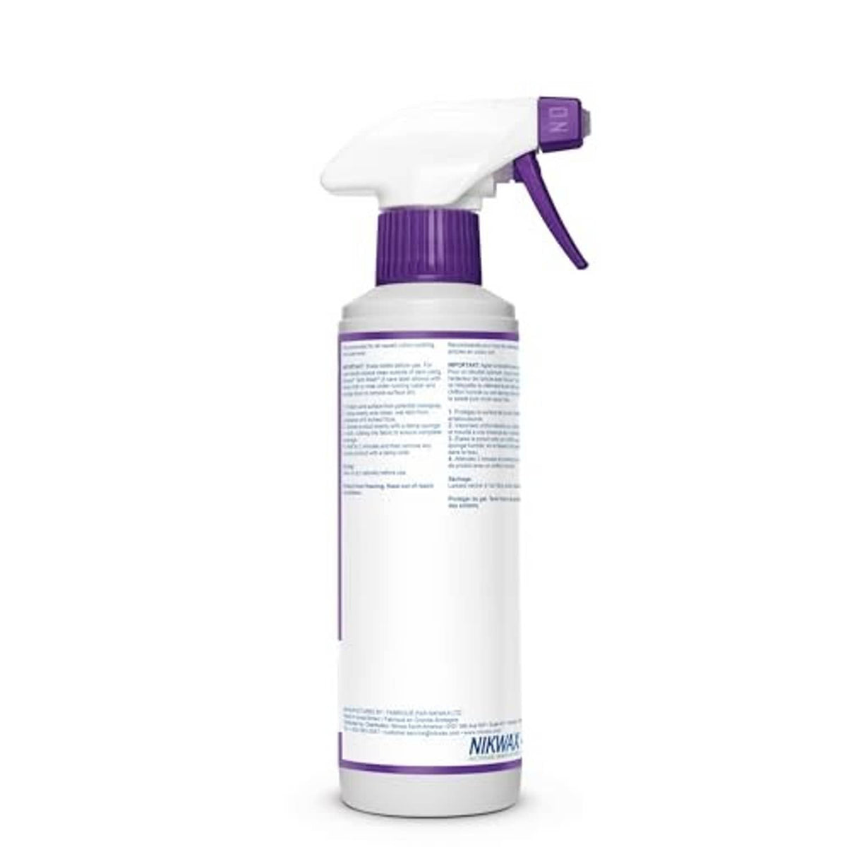 Nikwax Wax Cotton Proof spray-on waterproofing bottle with white back label, purple trigger