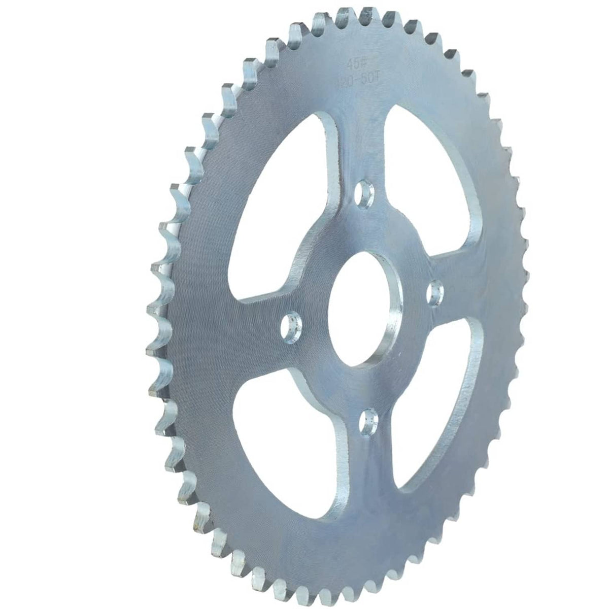 Silver 50-tooth 420 chain sprocket shown at an angle with mounting holes