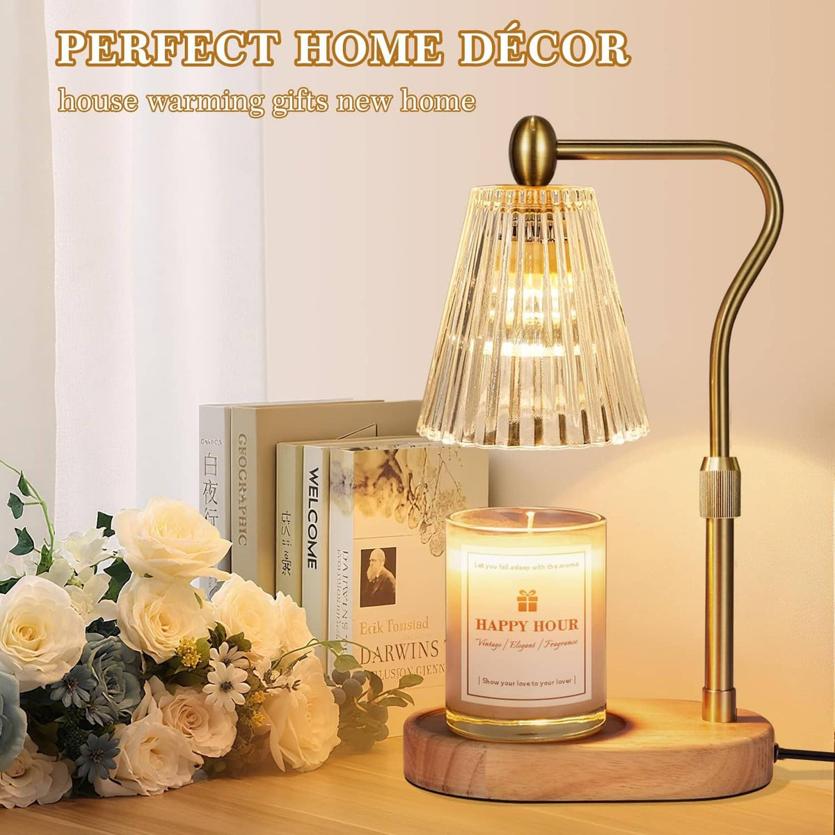 Candle warmer lamp with illuminated candle jar on wooden base for home decor