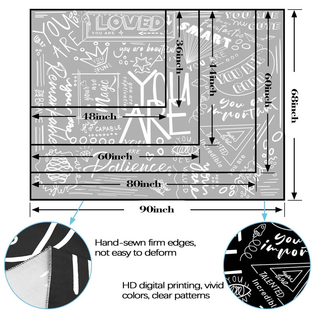 Tapestry size infographic showing 48"L x 36"W and stitched edge detail