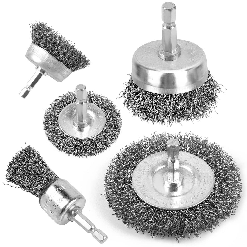 Drill wire wheel cup brush set with steel bristle cups and mounting shafts, silver