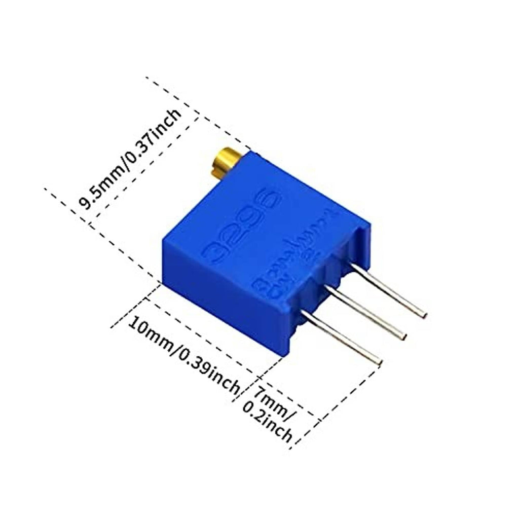 Blue multiturn trimmer potentiometer with gold adjustment screw and 3-pin leads
