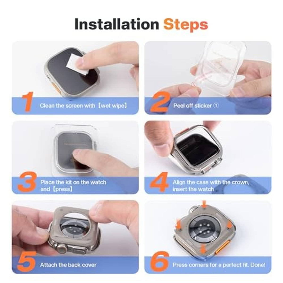 Metal watch case screen protector installation steps with included cleaning wipe and stickers