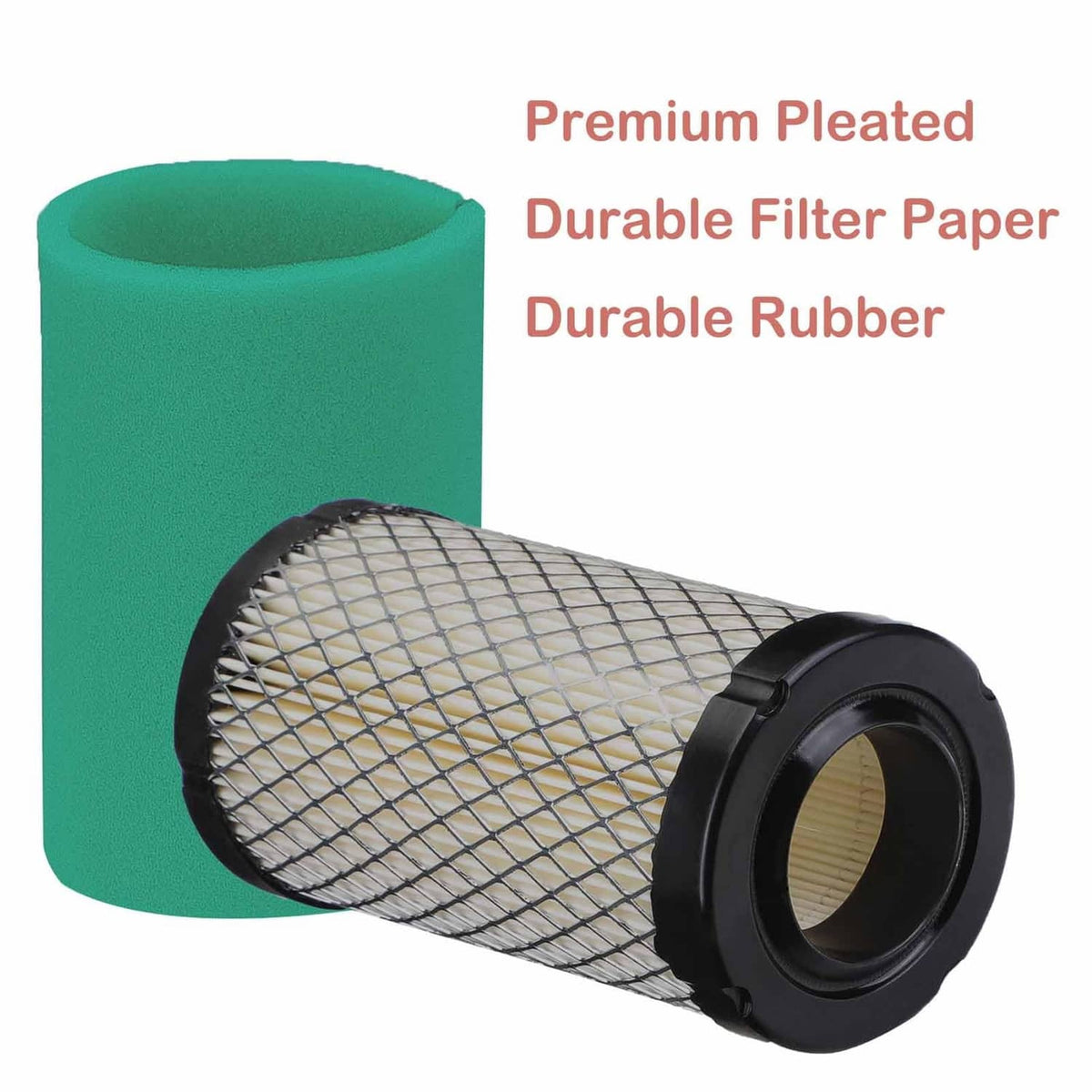 Green foam air filter and pleated mesh element filter with black end caps.