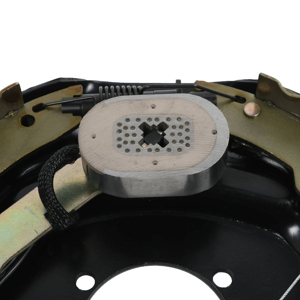 Trailer brake backing plate with round electric magnet cover and cable connection