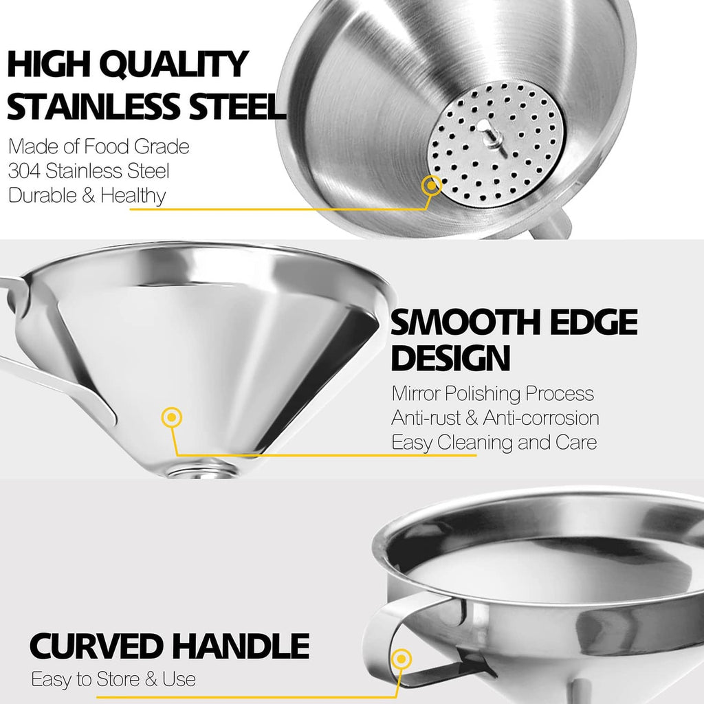 Stainless steel funnel with perforated strainer disc and smooth rim design