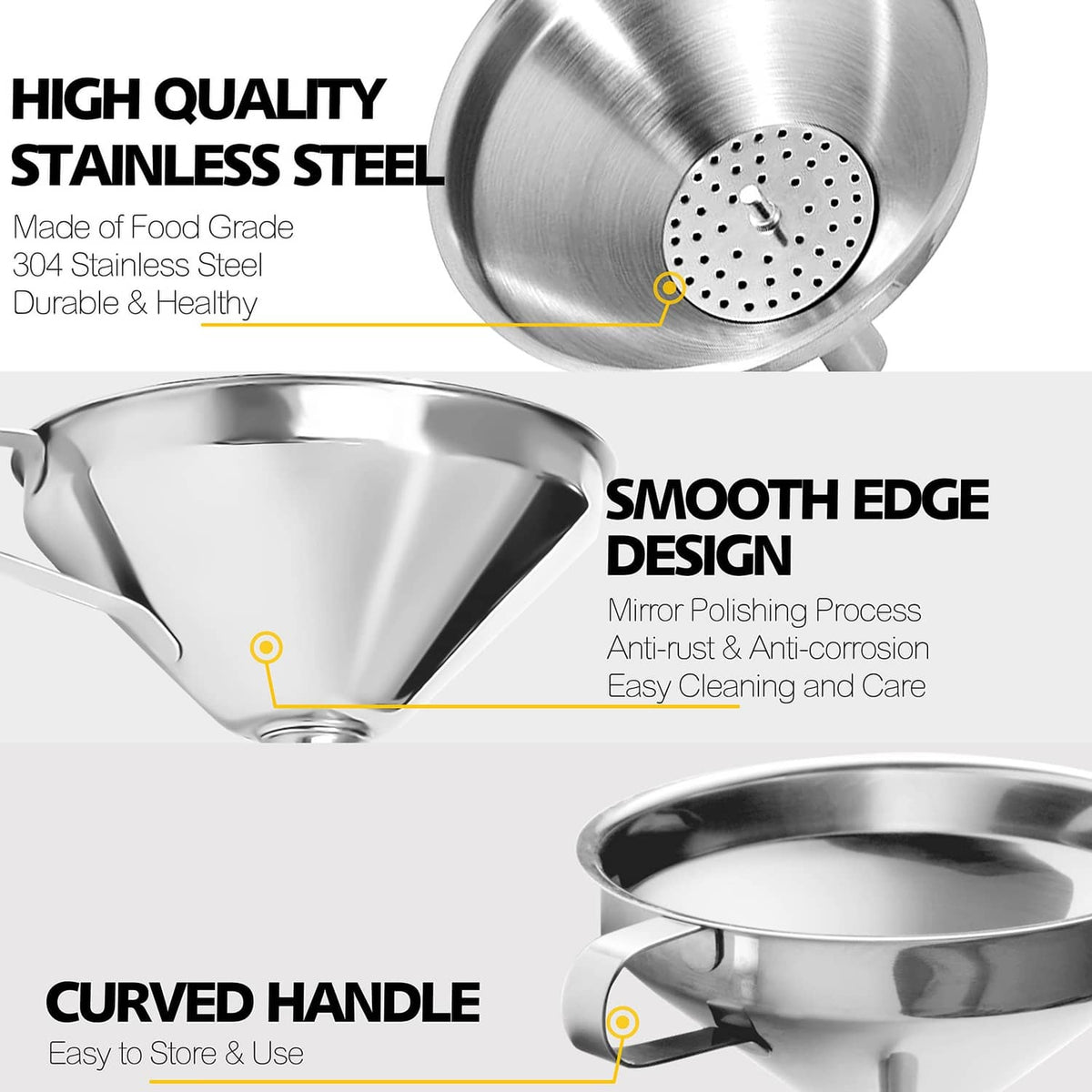 Stainless steel funnel with perforated strainer disc and smooth rim design