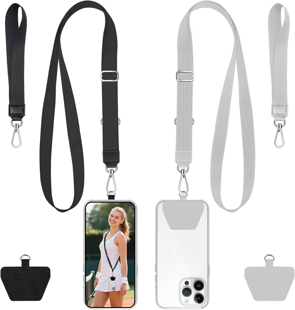 Adjustable phone crossbody/wrist straps, 2 pack, black and light gray with metal clips
