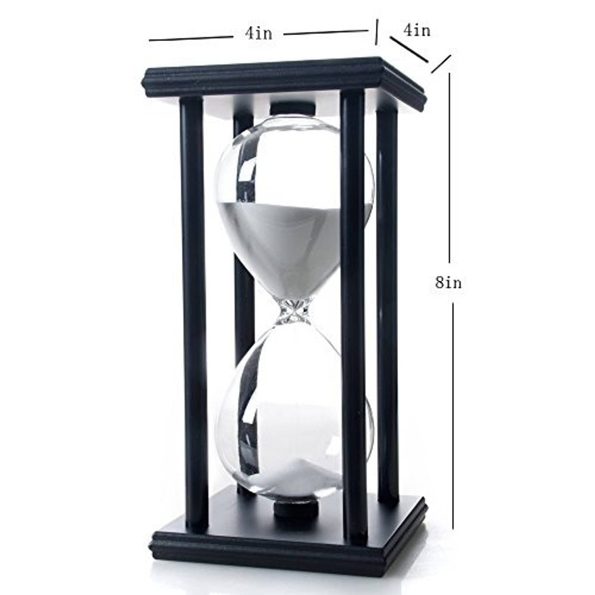 60-minute hourglass timer with dark frame; 8 in tall, 4 in wide