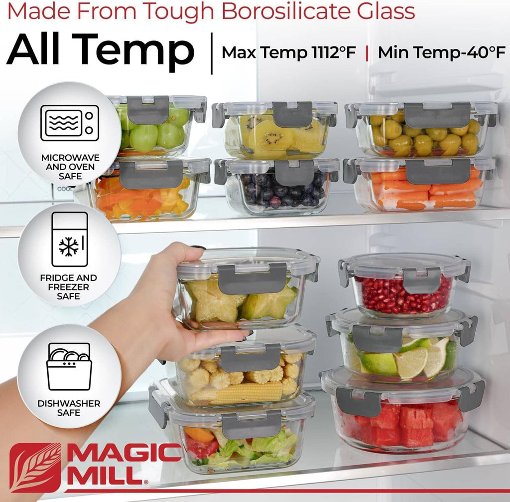 Set of gray-lidded borosilicate glass containers in a fridge shelf with food