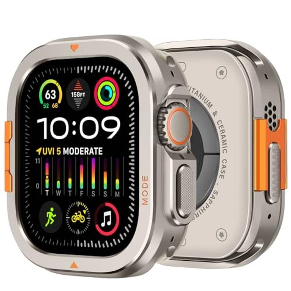 Natural titanium 2-in-1 metal watch case for Apple Watch Ultra 49mm, fully installed