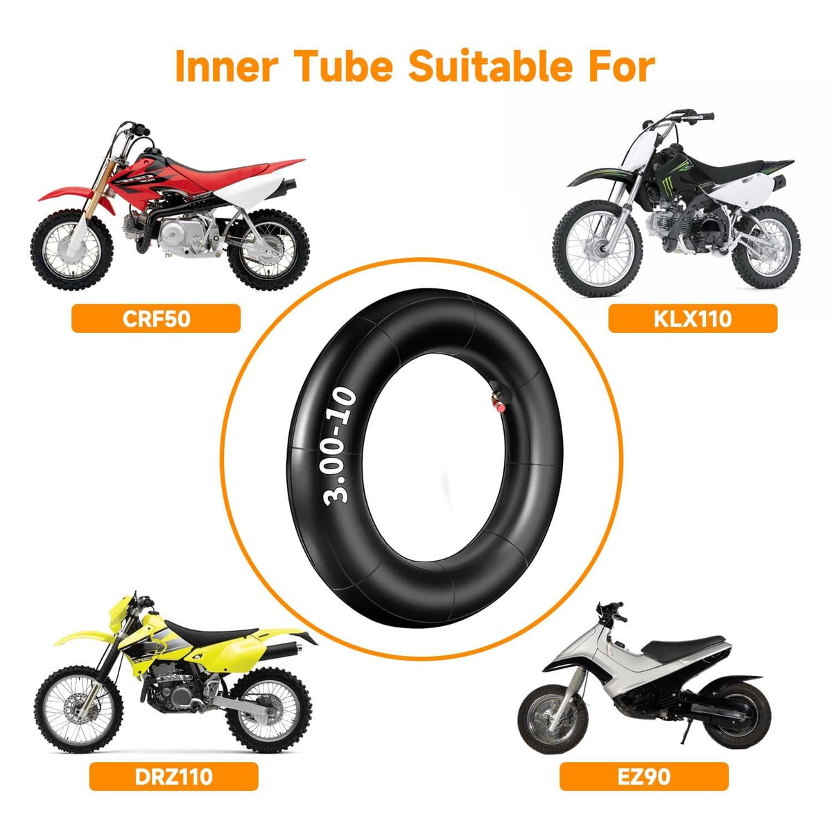Black inner tube, 3.00-10 size, centered with valve stem visible