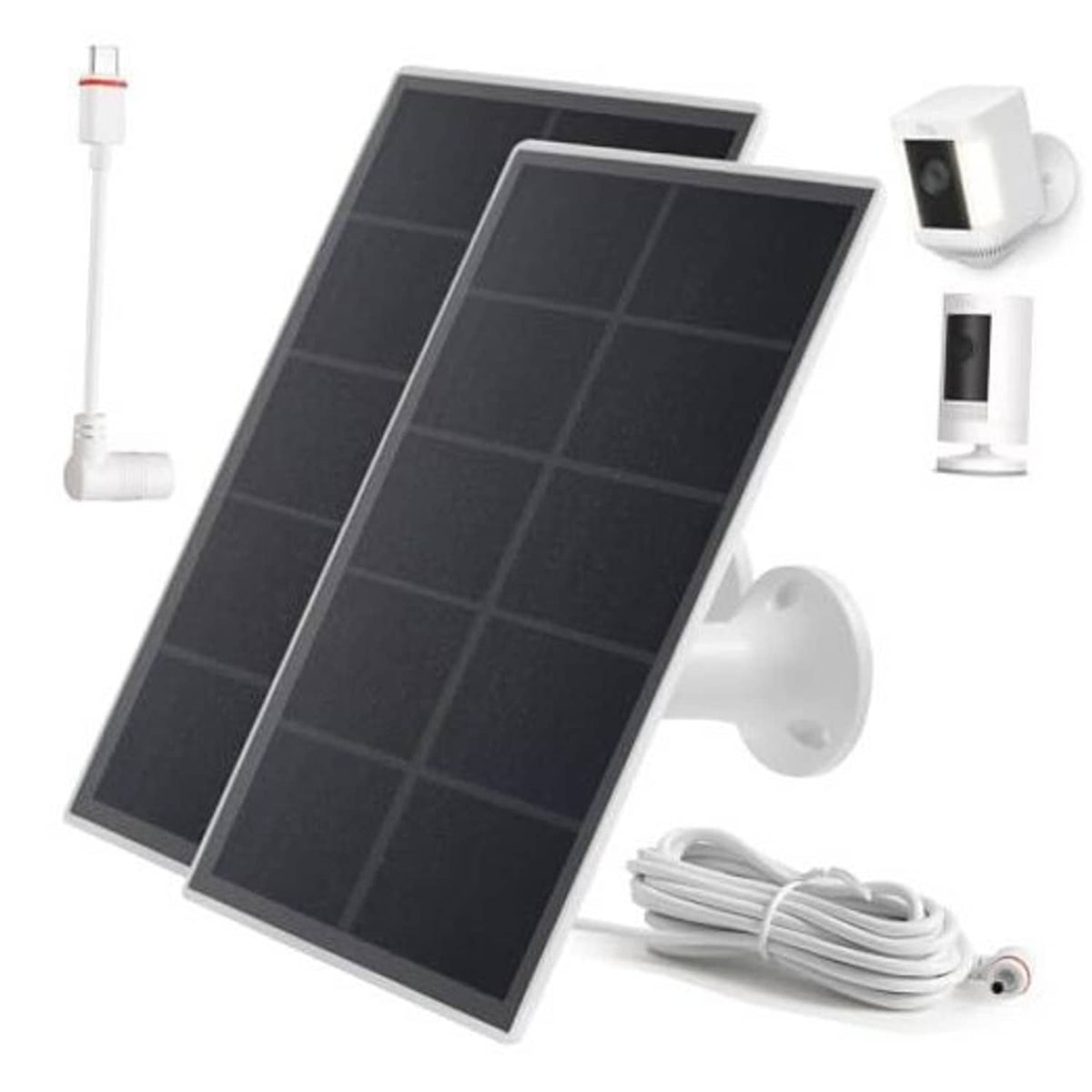 Dark solar panel charger with white wall mount and power cable, accessory pieces included