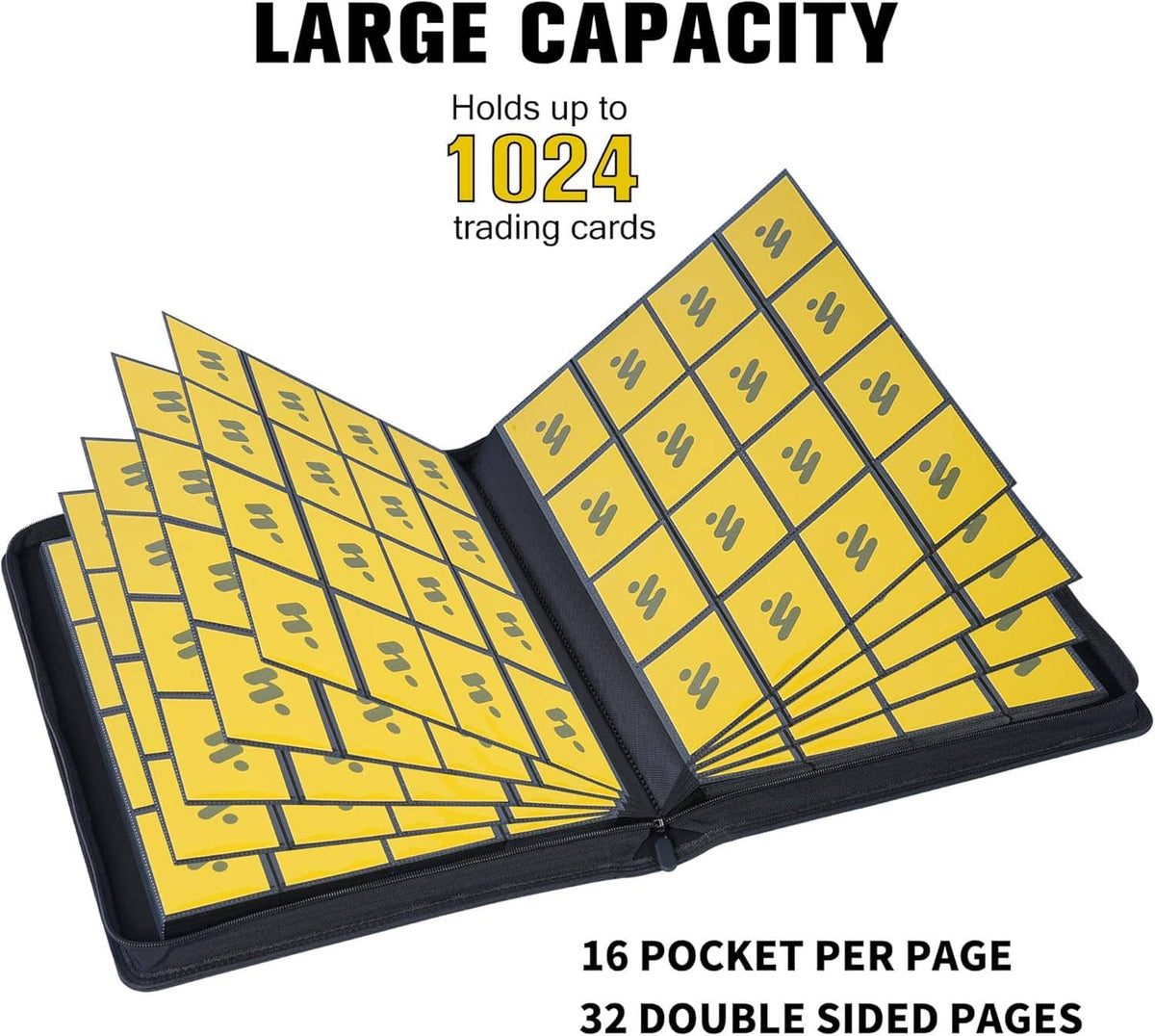 Purple trading card binder open, showing yellow pocket pages and black inner frame