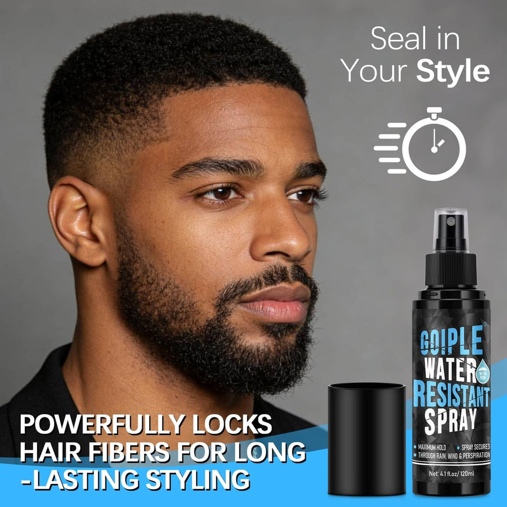 Hair fiber water-resistant spray bottle with black cap beside a styled men’s haircut