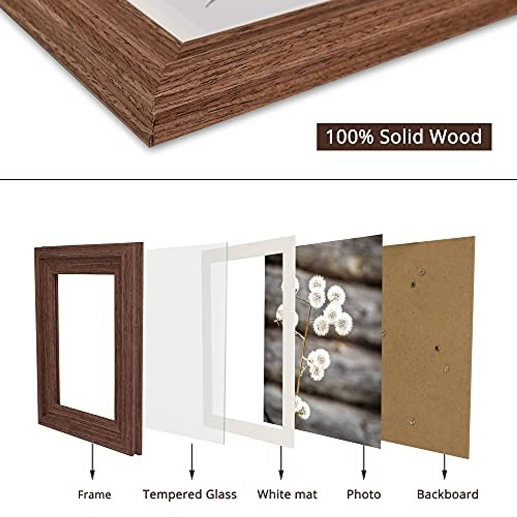 Brown wood picture frame showing tempered glass, white mat, photo, and backing.