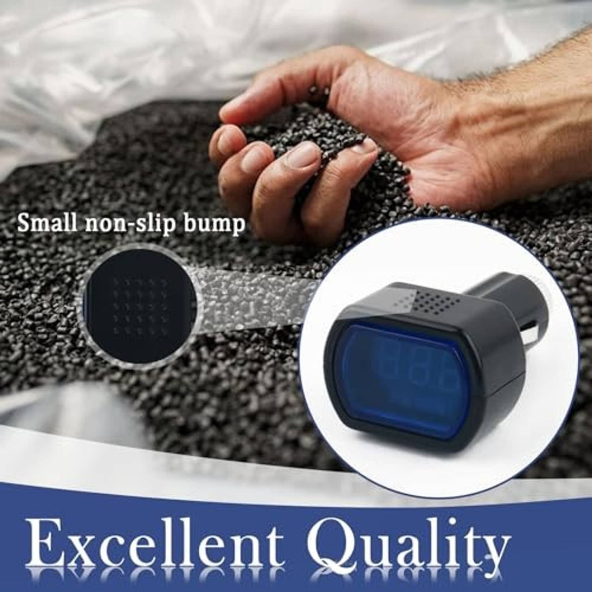 Car cigarette lighter voltage meter with blue digital screen and textured grip
