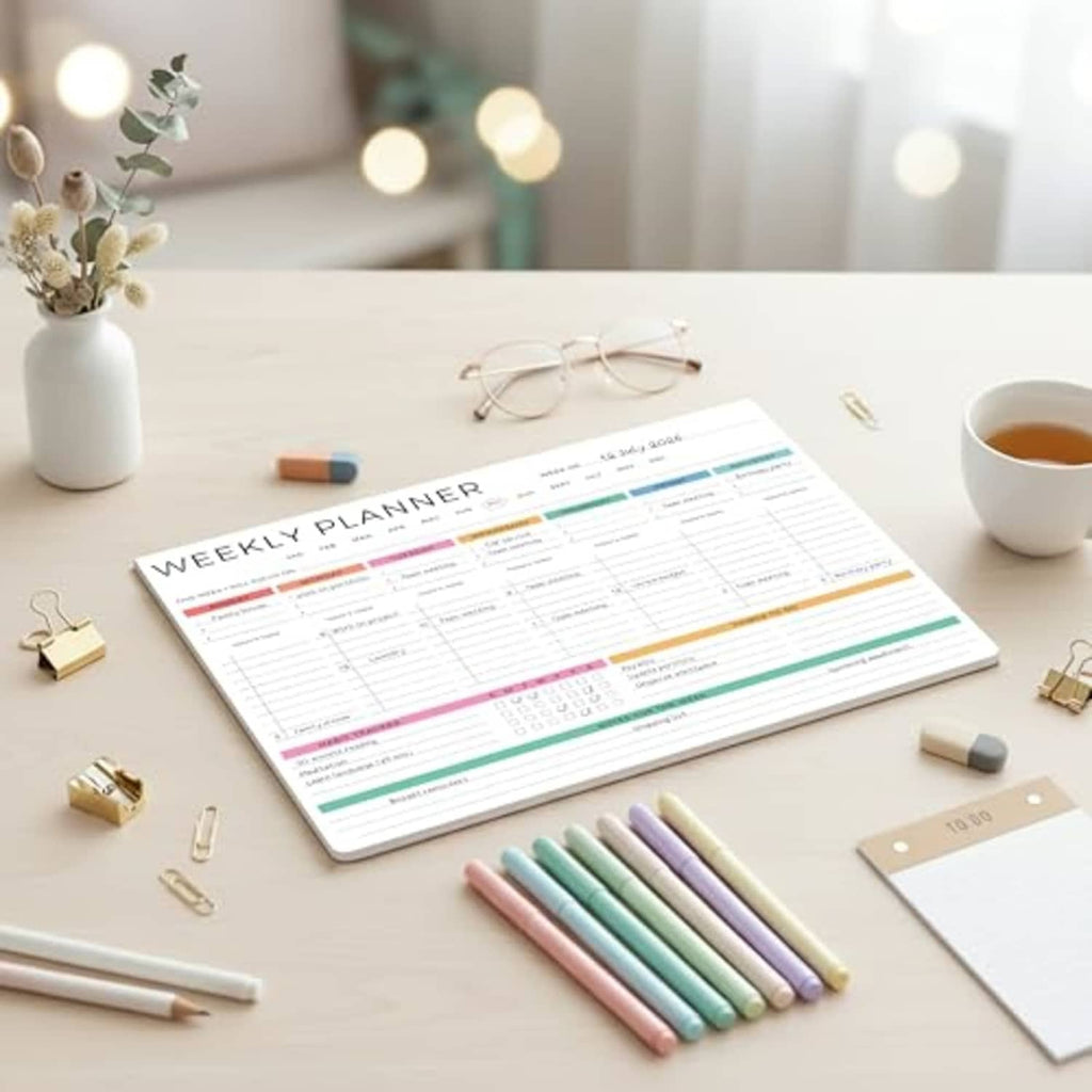 Weekly planner notepad with colorful weekly layout, ready to write, 8.5x11 tear-off