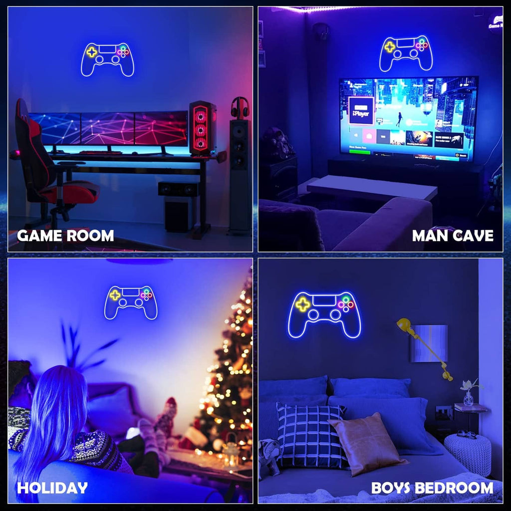 Gaming controller LED neon sign in a multi-room collage, glowing blue with yellow buttons.