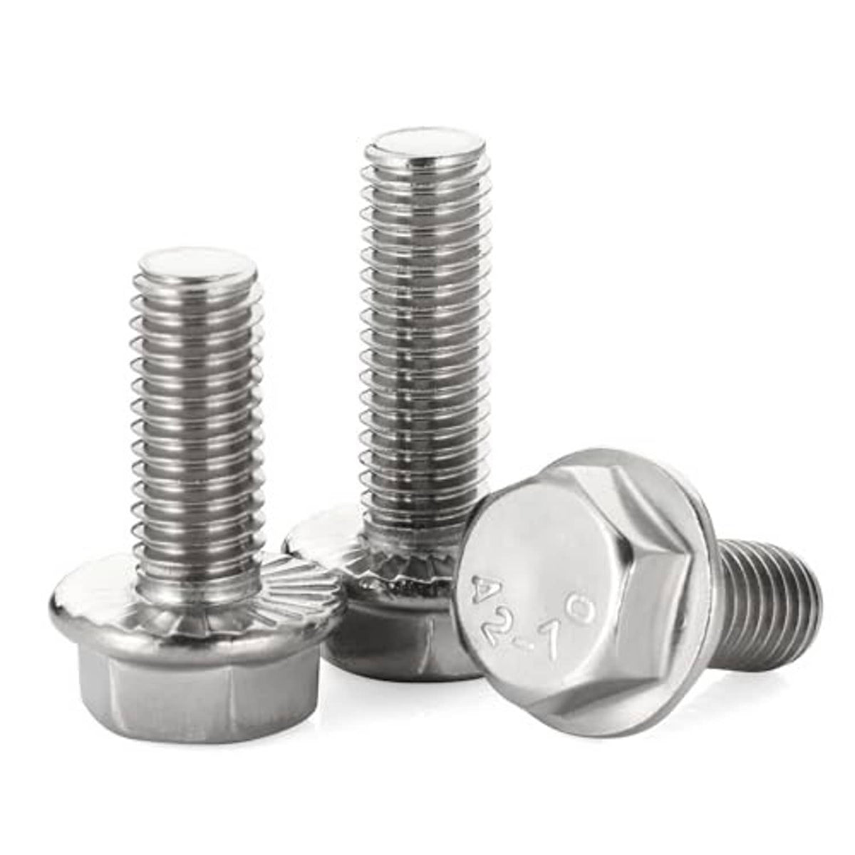 Silver flanged hex head bolts, three fasteners with threaded shafts