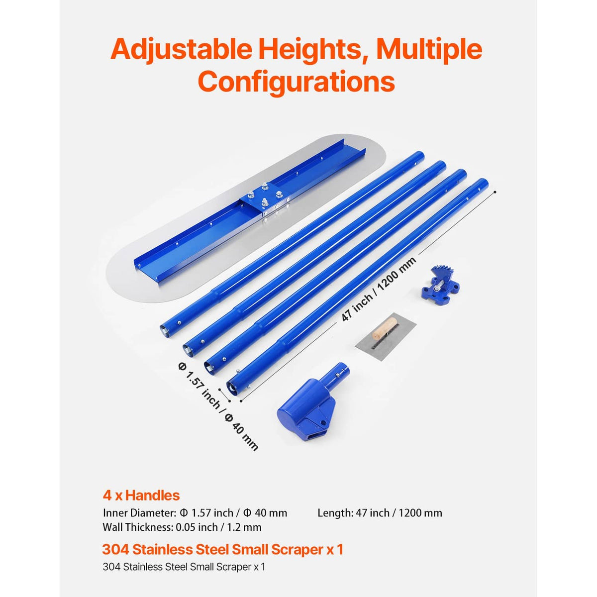 Adjustable concrete bull float with four blue handles and blade scraper