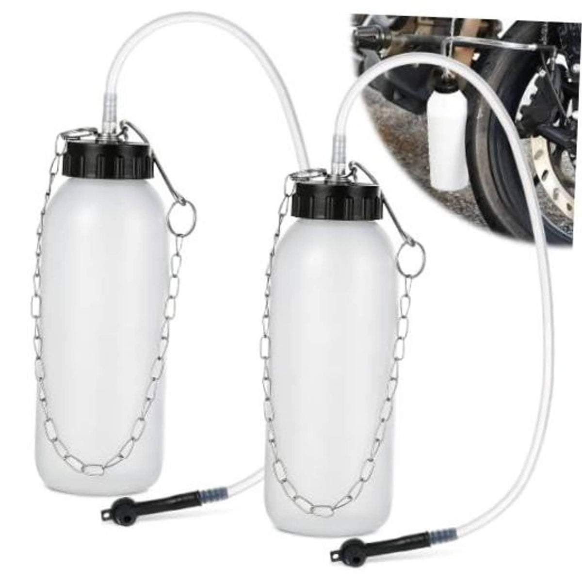 Brake bleeder bottle set with two white bottles, chains, caps, and clear bleeding hoses