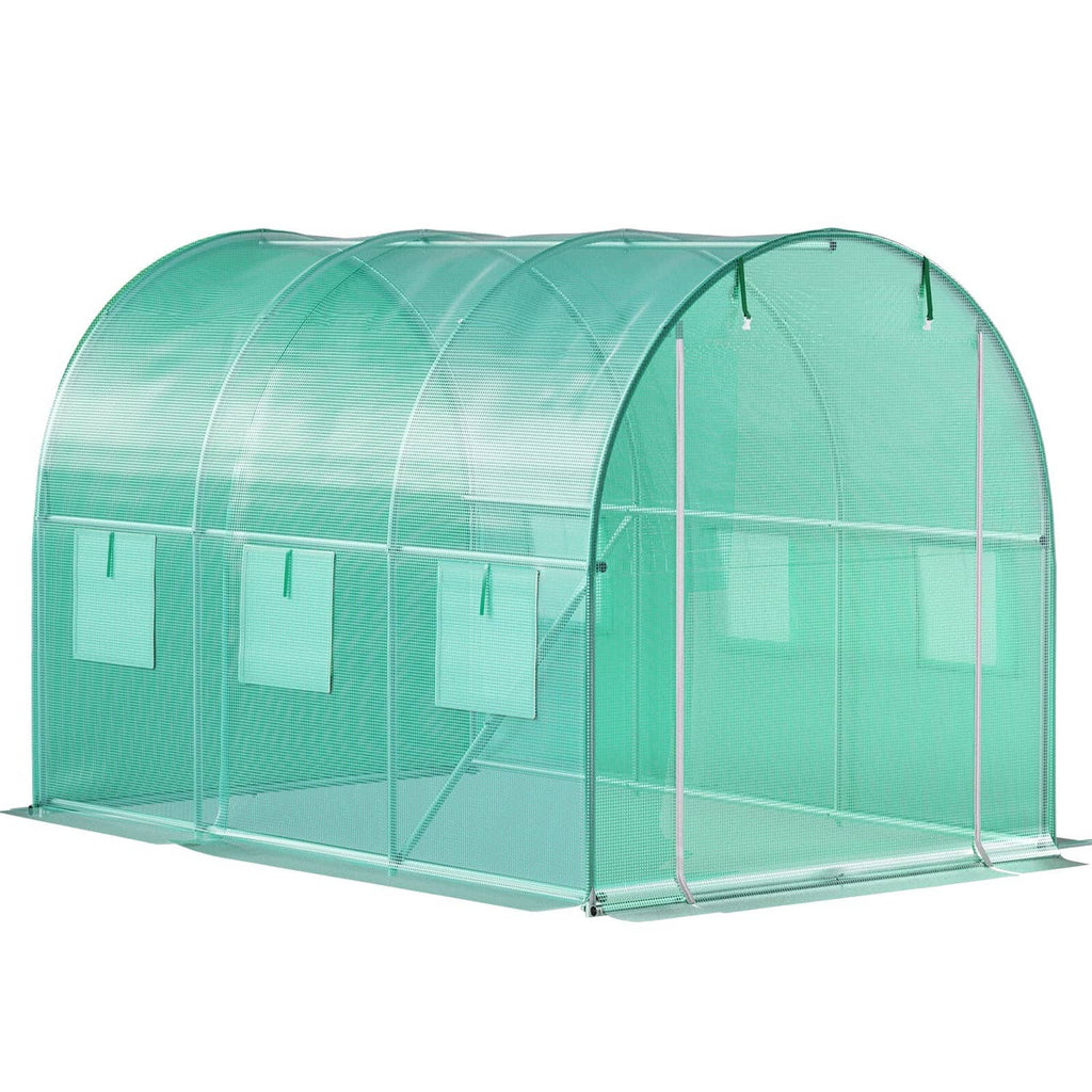 Green tunnel greenhouse with arched end, zippered side panels, galvanized metal frame