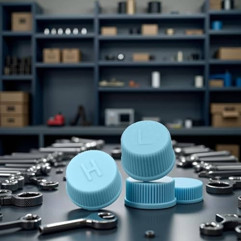 Light blue A/C valve caps with H markings on ribbed tops, three-piece set