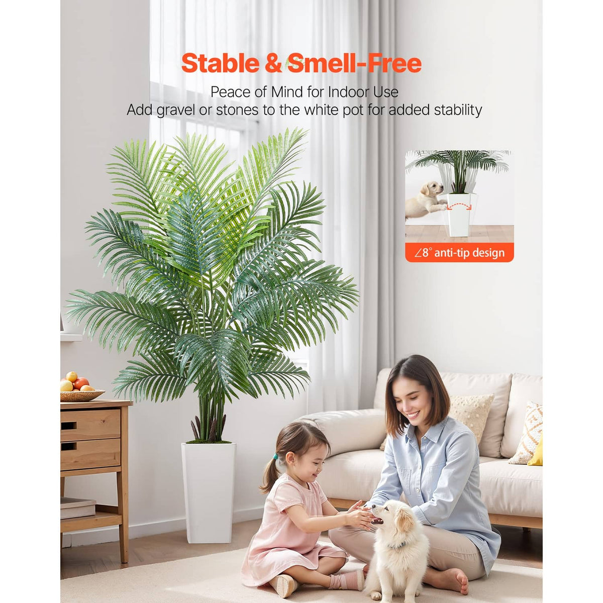 Artificial areca palm tree in a white pot with dense green leaves and a realistic look