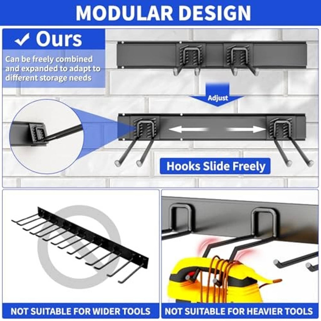 Wall hook rack with modular, adjustable sliding hooks for tool storage, dark gray.
