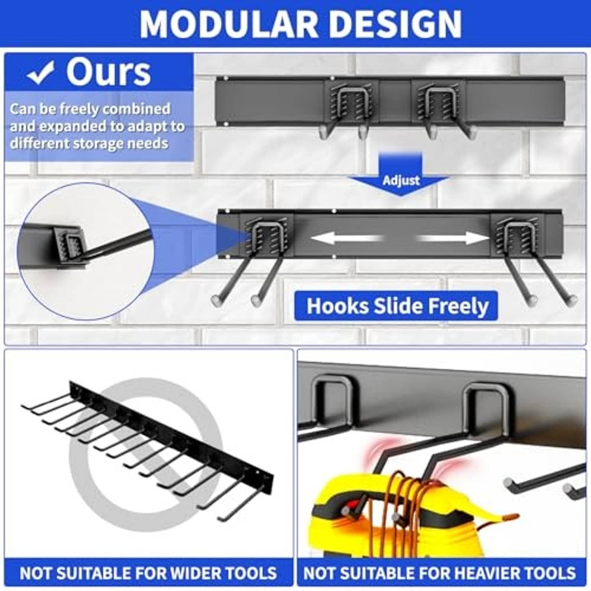 Wall hook rack with modular, adjustable sliding hooks for tool storage, dark gray.