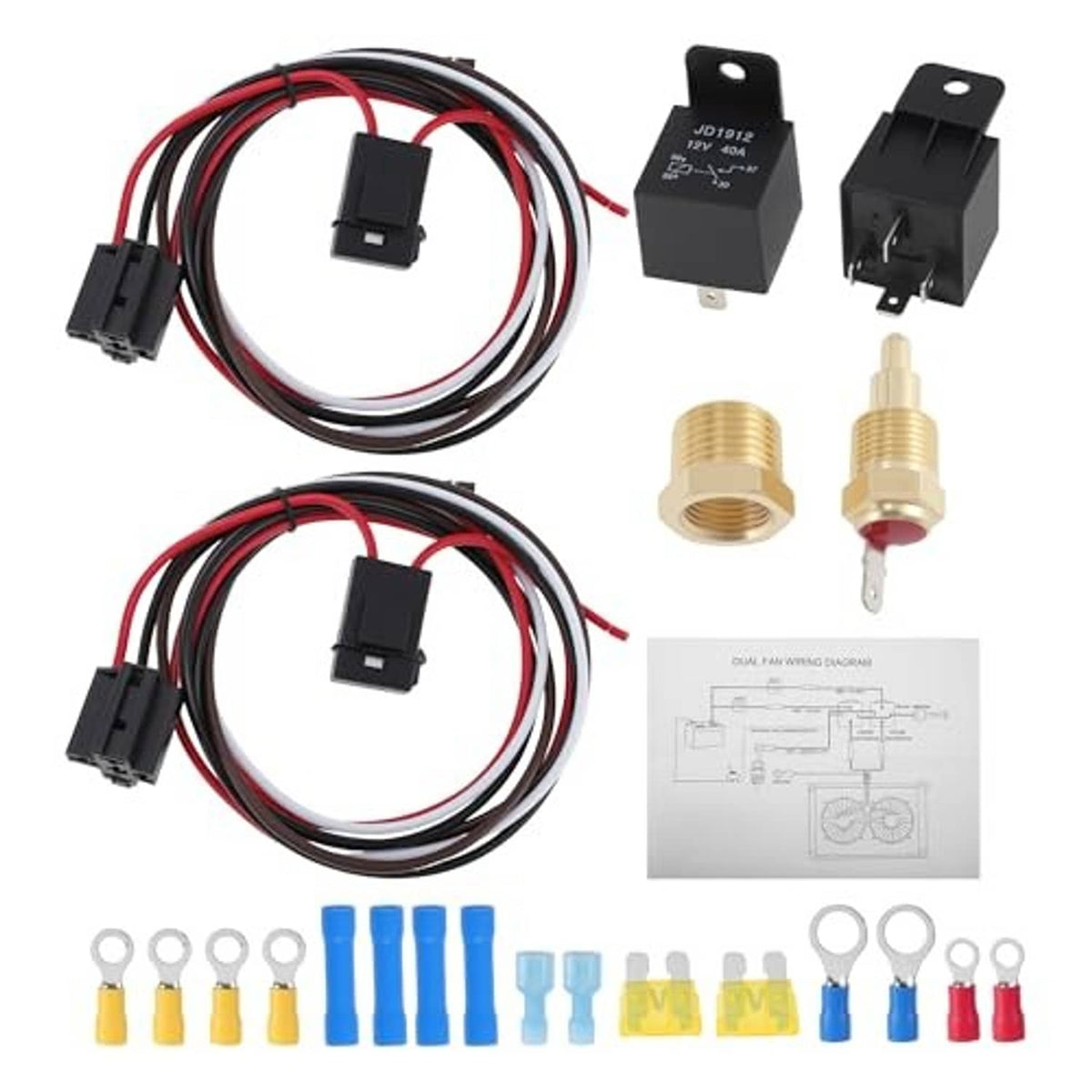 Electric radiator fan relay kit set with two relays, wire harness, brass fittings, and diagram