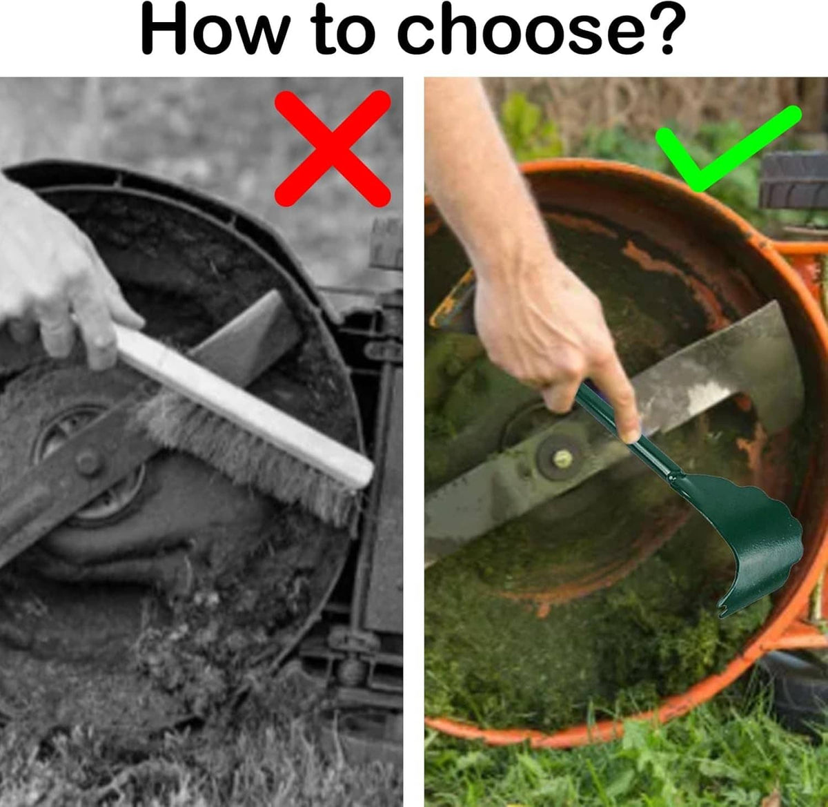 Mower deck scraper held against mower deck, green curved blade for debris cleaning