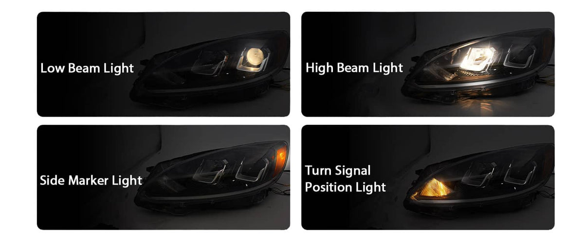 Left halogen headlight functions: low beam, high beam, side marker, turn/position light