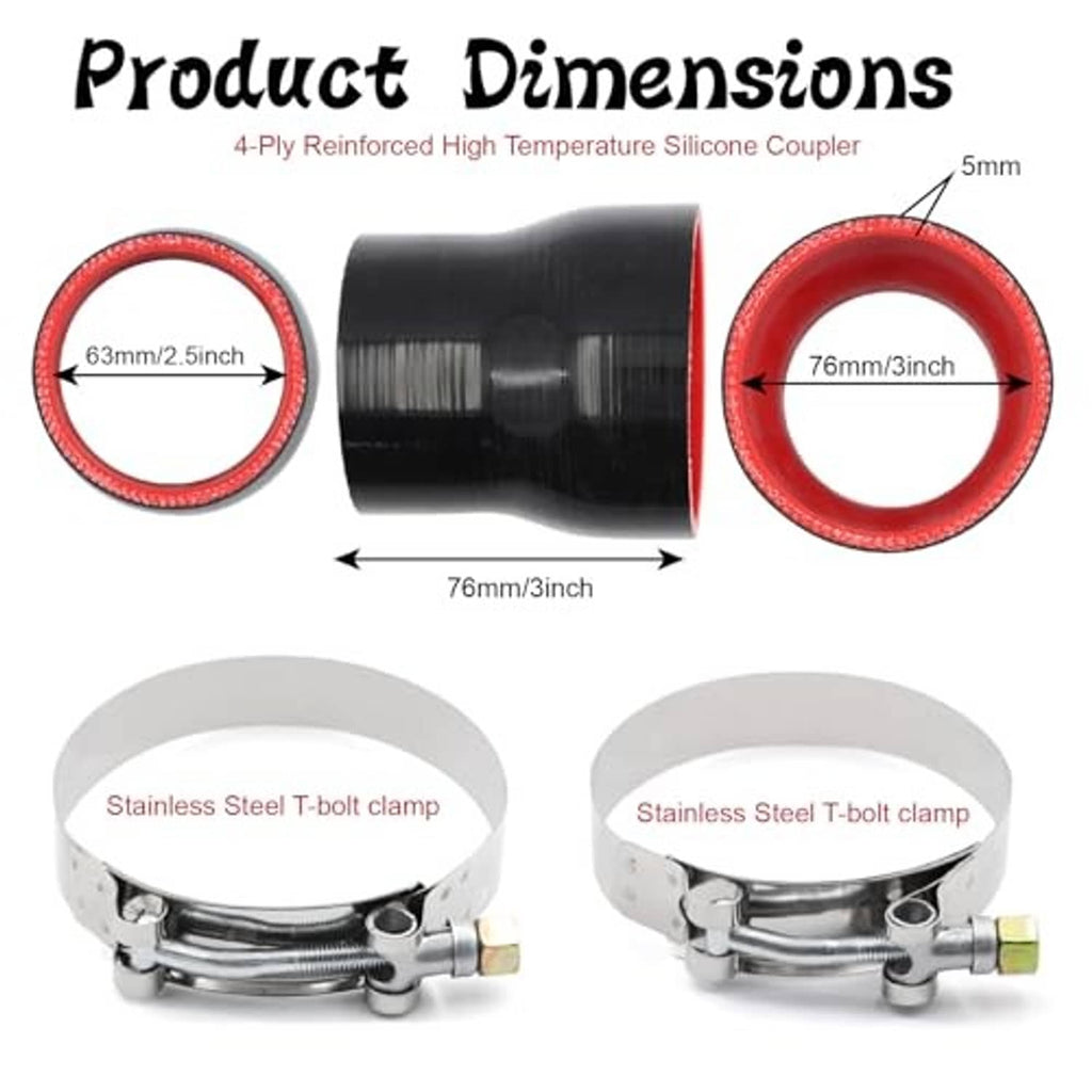 Black silicone reducer coupler with two stainless T-bolt clamps and red inner edge