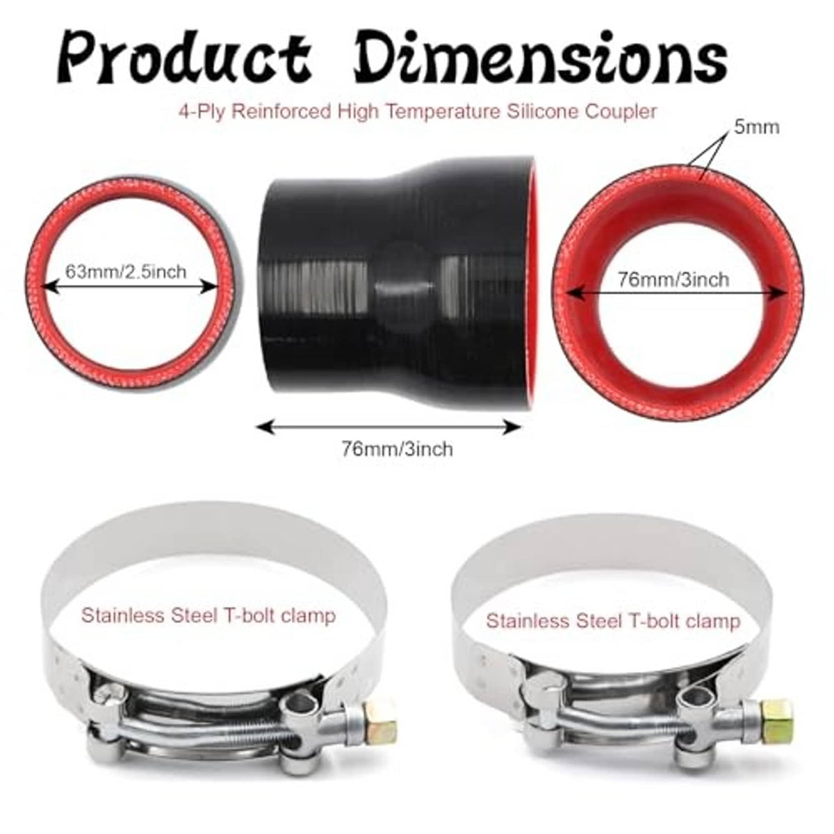 Black silicone reducer coupler with two stainless T-bolt clamps and red inner edge
