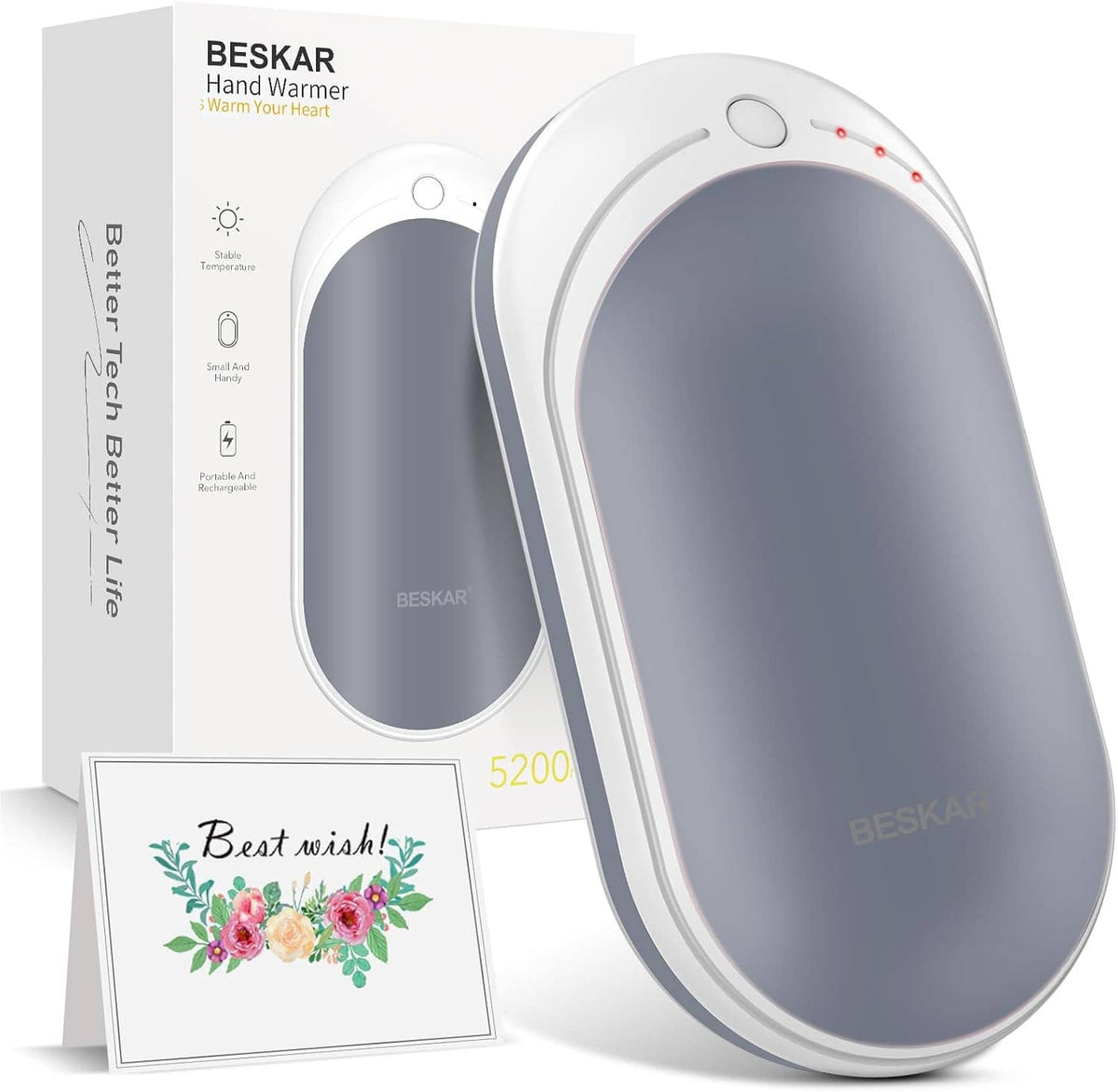 Rechargeable hand warmer set with two oval dark gray heaters, white shells, and product box
