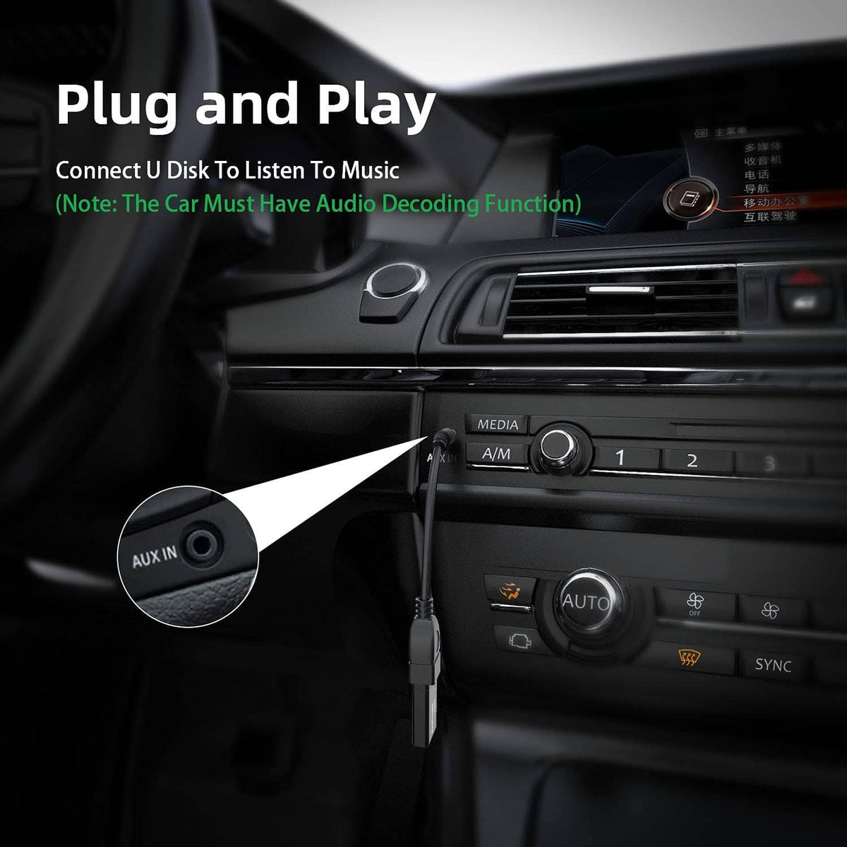 3.5mm AUX plug to USB-female audio adapter for car AUX input, plug-and-play design