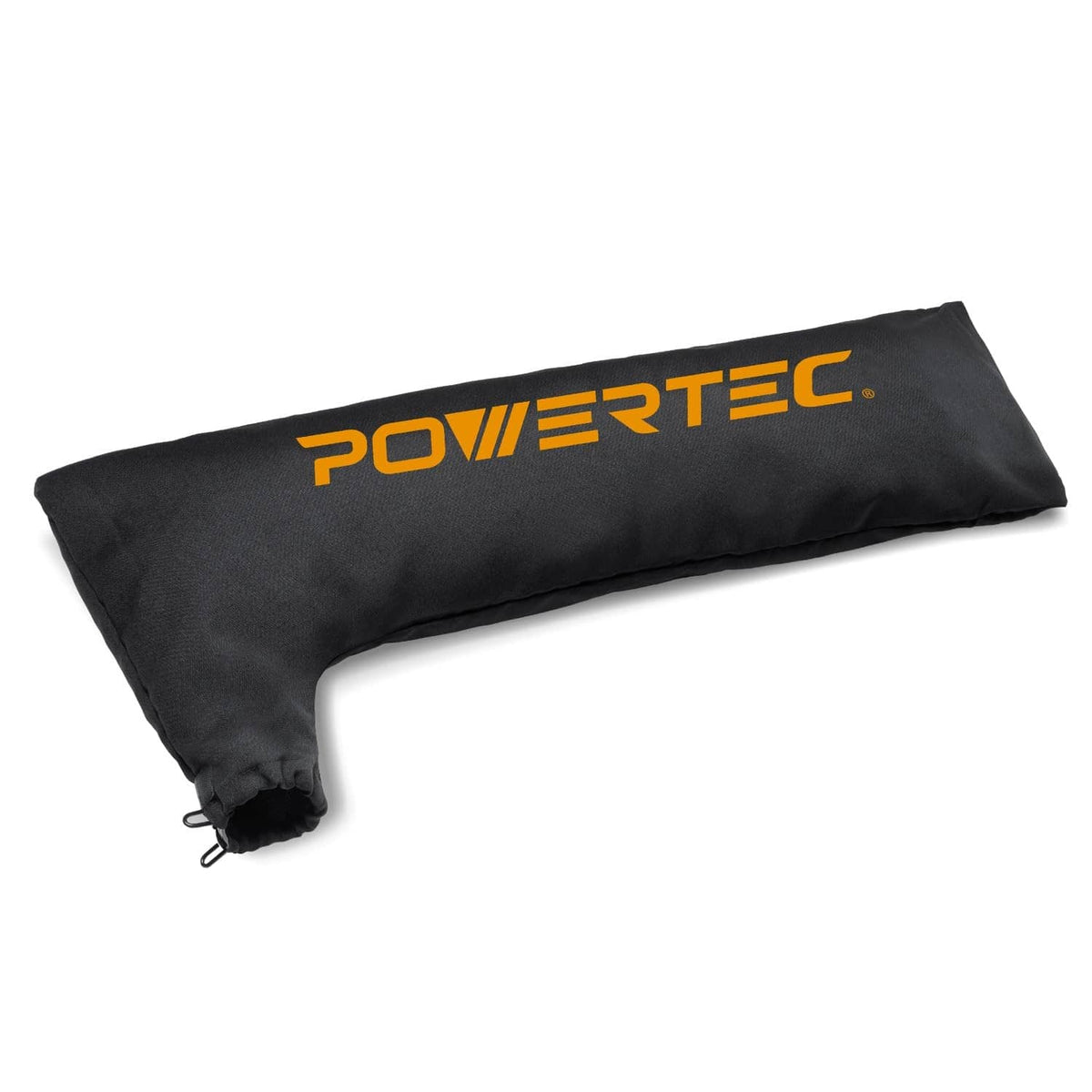 Black POWERTEC table saw dust port bag with drawstring and side access zipper