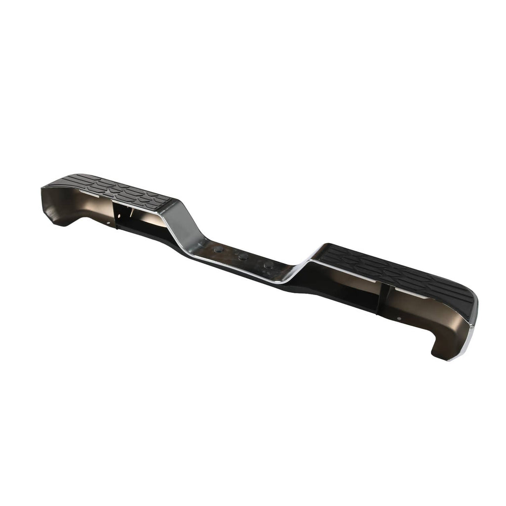 Chrome rear step bumper face bar side view with black textured traction pads